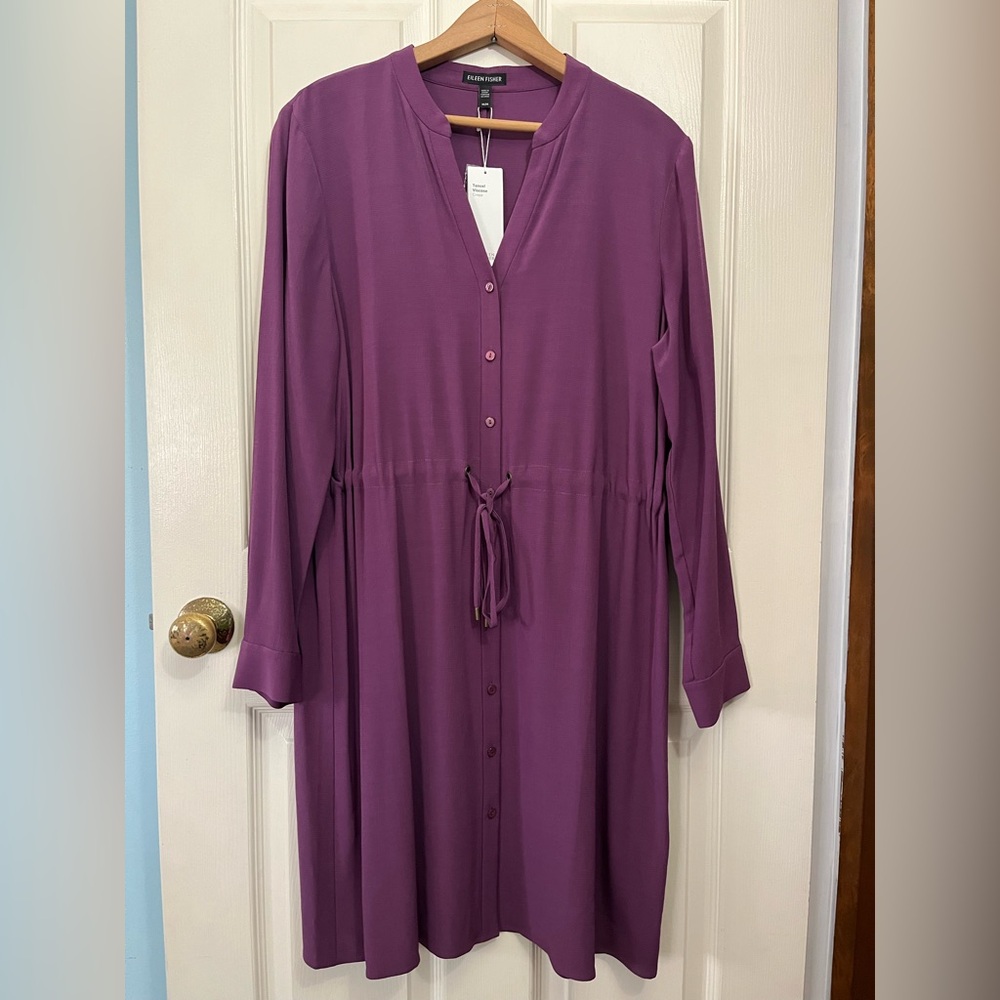 Eileen Fisher NWT Button-Front Long-Sleeve Drawstring Tencel Shirt Dress M